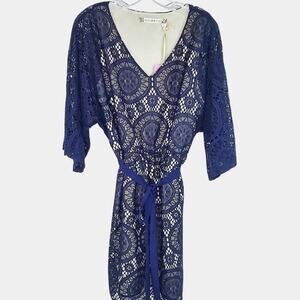Chelsea Violet Crochet Lace Dress Navy Blue Overlay Beach Tie Waist Boho NWT
